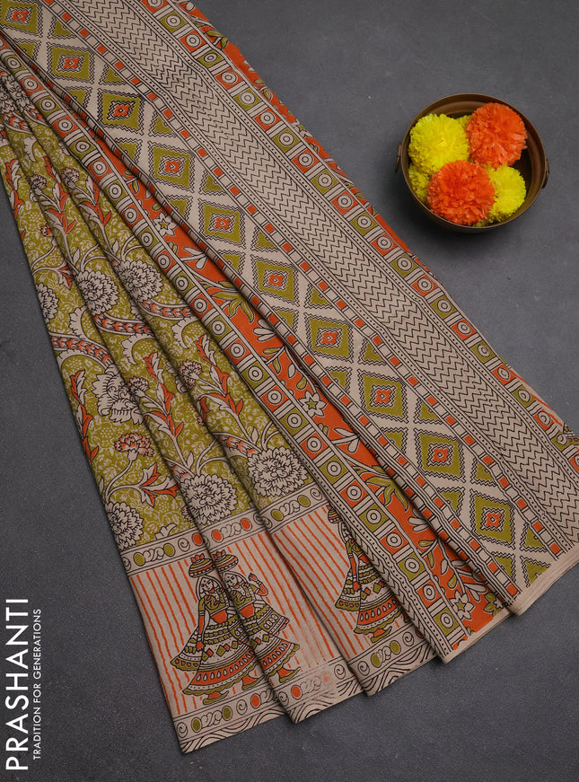Kalamkari semi silk saree light green and orange with allover prints and printed border