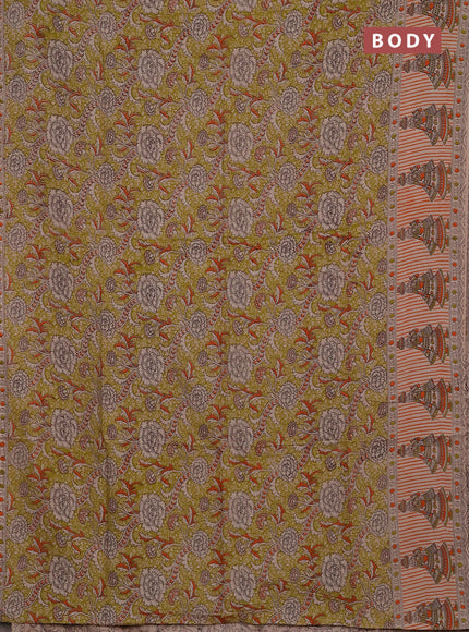 Kalamkari semi silk saree light green and orange with allover prints and printed border