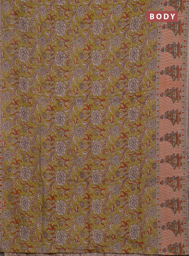 Kalamkari semi silk saree light green and orange with allover prints and printed border