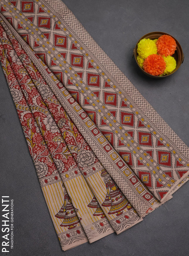 Kalamkari semi silk saree maroon and mustard yellow with allover prints and printed border