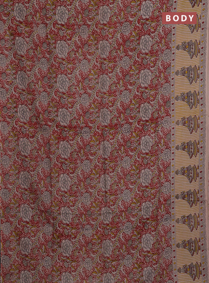 Kalamkari semi silk saree maroon and mustard yellow with allover prints and printed border