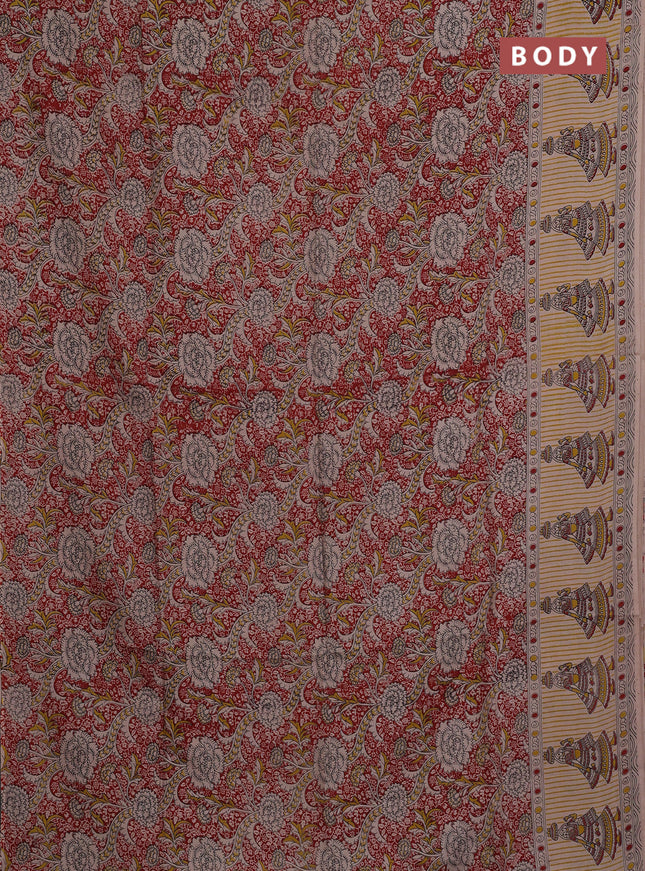 Kalamkari semi silk saree maroon and mustard yellow with allover prints and printed border