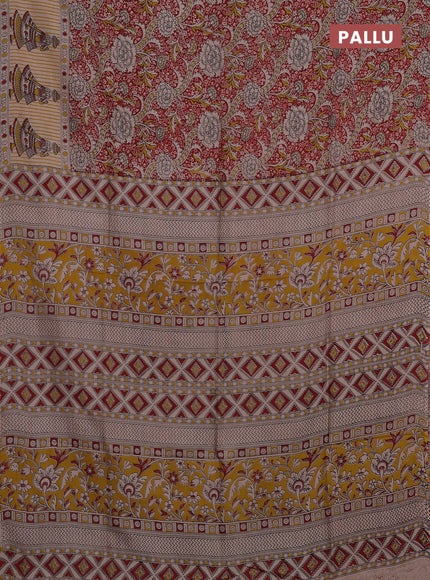 Kalamkari semi silk saree maroon and mustard yellow with allover prints and printed border