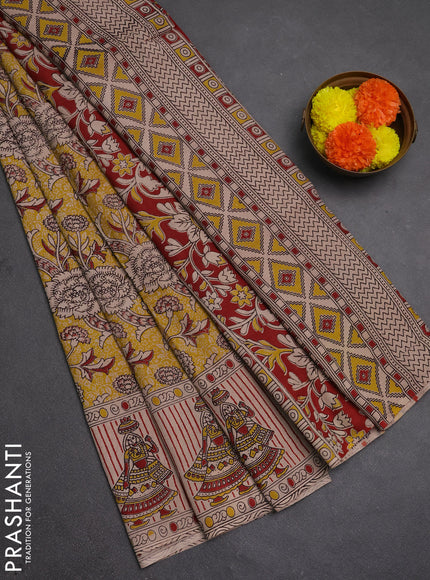 Kalamkari semi silk saree mustard yellow and maroon with allover prints and printed border
