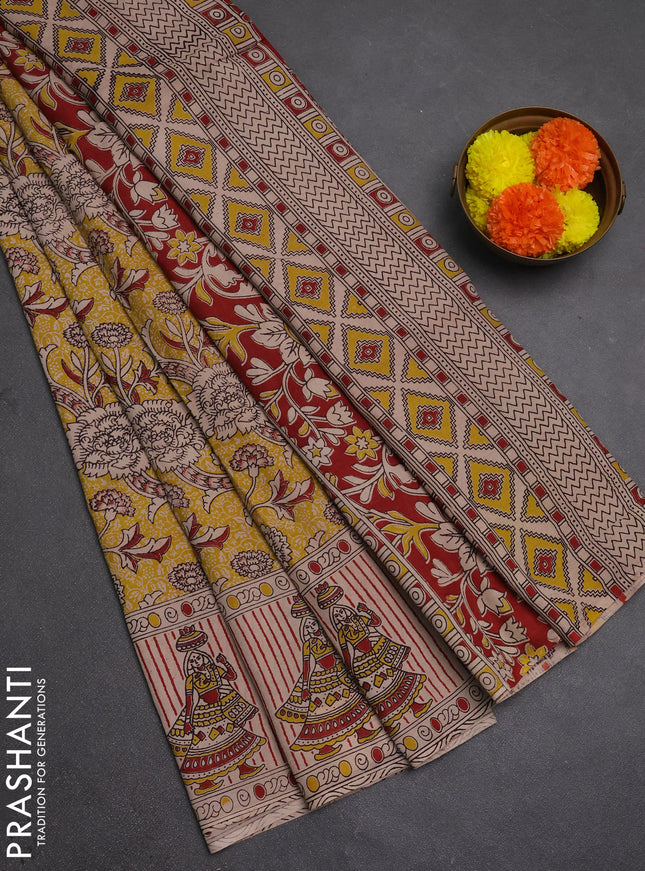 Kalamkari semi silk saree mustard yellow and maroon with allover prints and printed border