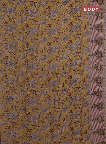 Kalamkari semi silk saree mustard yellow and maroon with allover prints and printed border