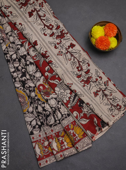 Kalamkari semi silk saree black and maroon with allover prints and printed border