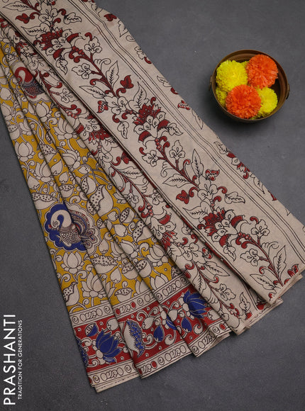 Kalamkari semi silk saree mustard yellow and maroon with allover prints and printed border