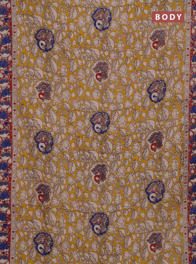 Kalamkari semi silk saree mustard yellow and maroon with allover prints and printed border