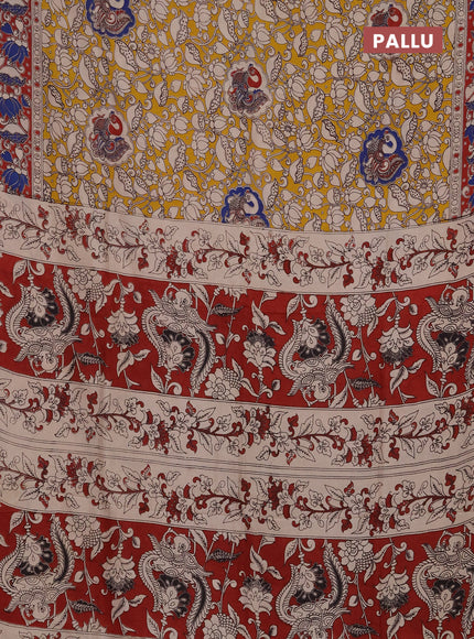 Kalamkari semi silk saree mustard yellow and maroon with allover prints and printed border