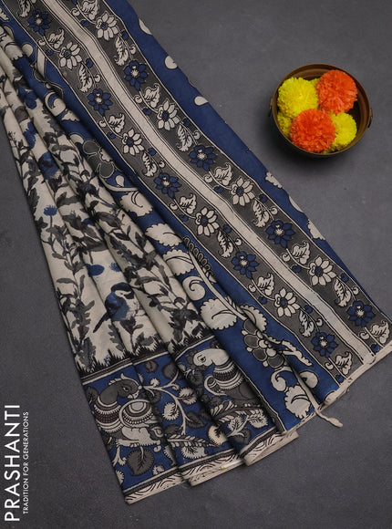 Kalamkari semi silk saree beige and peacock blue with allover prints and printed border