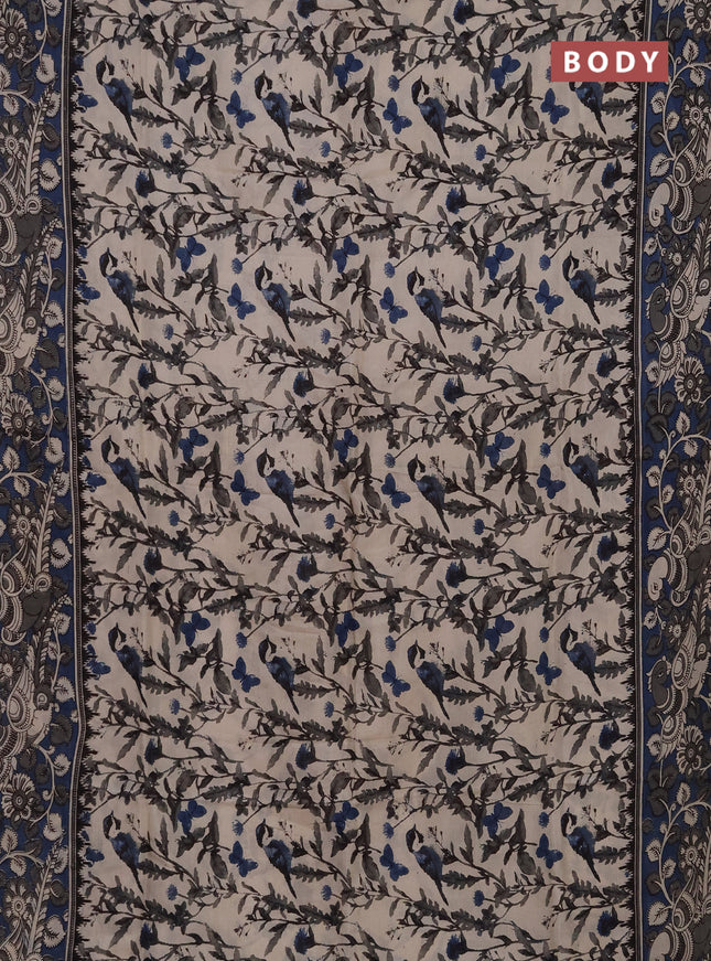 Kalamkari semi silk saree beige and peacock blue with allover prints and printed border
