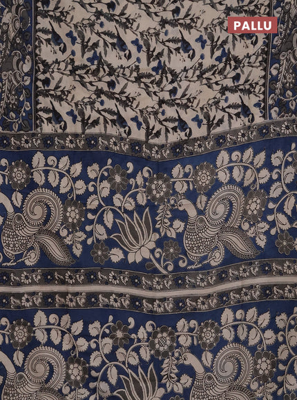 Kalamkari semi silk saree beige and peacock blue with allover prints and printed border