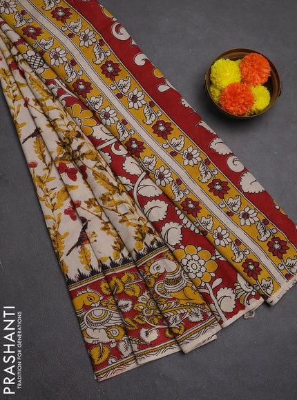 Kalamkari semi silk saree beige and maroon with allover prints and printed border