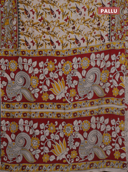 Kalamkari semi silk saree beige and maroon with allover prints and printed border
