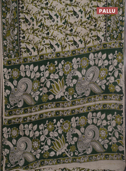 Kalamkari semi silk saree beige and green with allover prints and printed border