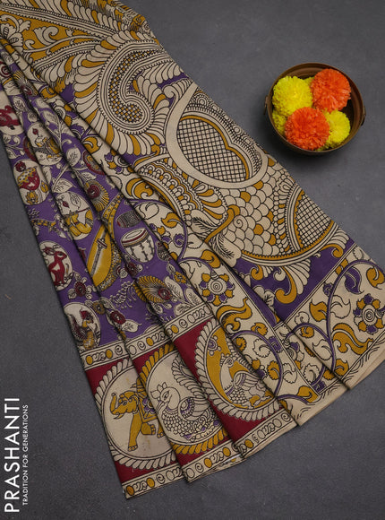 Kalamkari semi silk saree lavender and wine shade with allover prints and printed border