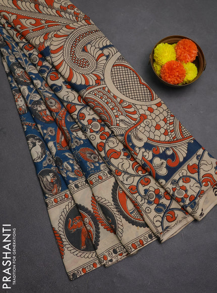 Kalamkari semi silk saree peacock blue and beige with allover prints and printed border