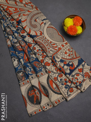 Kalamkari semi silk saree peacock blue and beige with allover prints and printed border