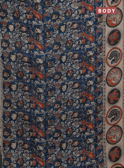 Kalamkari semi silk saree peacock blue and beige with allover prints and printed border