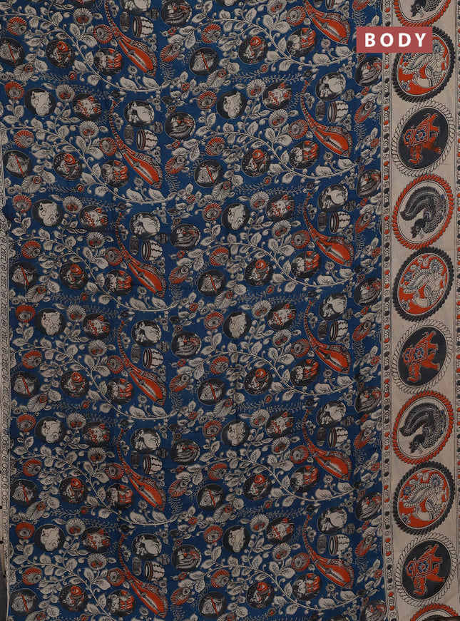 Kalamkari semi silk saree peacock blue and beige with allover prints and printed border