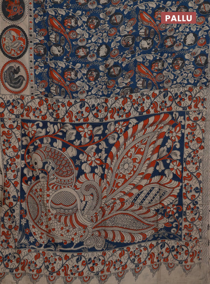 Kalamkari semi silk saree peacock blue and beige with allover prints and printed border