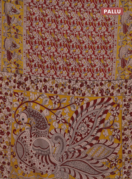 Kalamkari semi silk saree maroon and yellow with allover prints and printed border