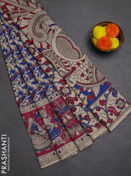 Kalamkari semi silk saree blue and magenta pink with allover prints and printed border
