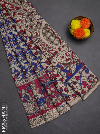 Kalamkari semi silk saree blue and magenta pink with allover prints and printed border