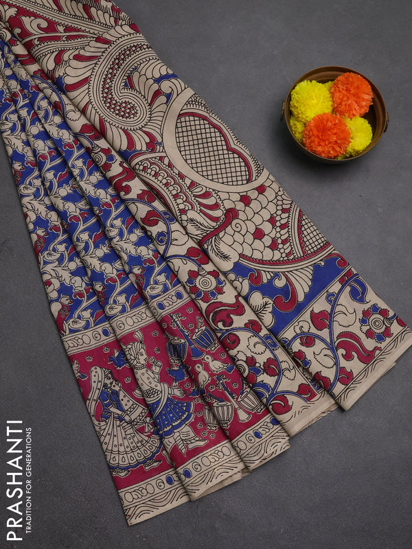 Kalamkari semi silk saree blue and magenta pink with allover prints and printed border