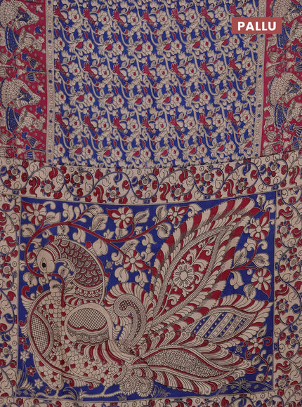 Kalamkari semi silk saree blue and magenta pink with allover prints and printed border