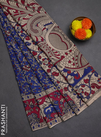 Kalamkari semi silk saree blue and magenta pink with allover prints and pichwai printed border