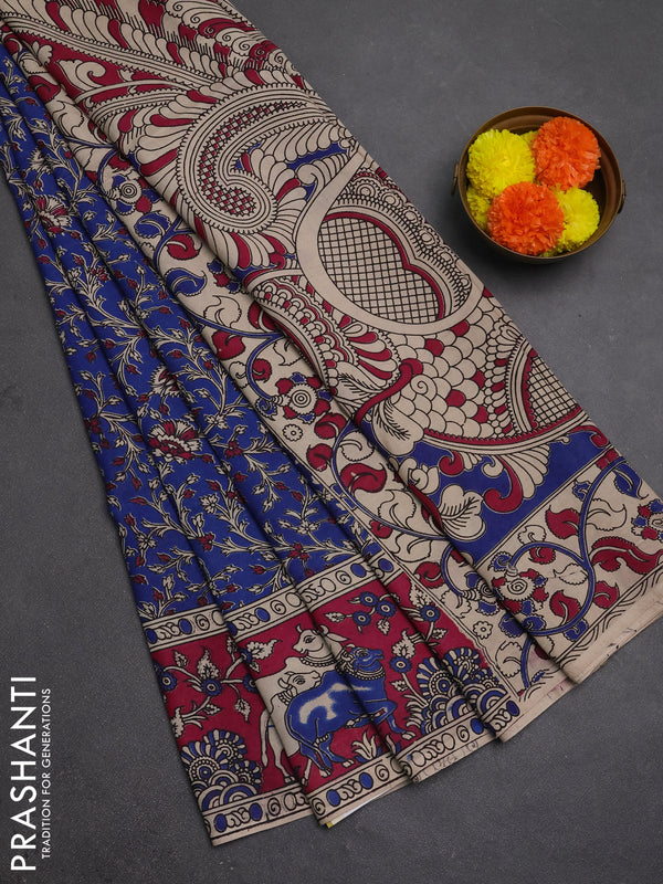 Kalamkari semi silk saree blue and magenta pink with allover prints and pichwai printed border
