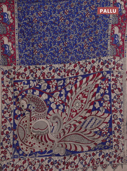 Kalamkari semi silk saree blue and magenta pink with allover prints and pichwai printed border