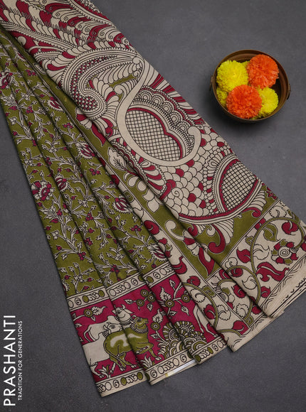 Kalamkari semi silk saree mehendi green and magenta pink with allover prints and pichwai printed border