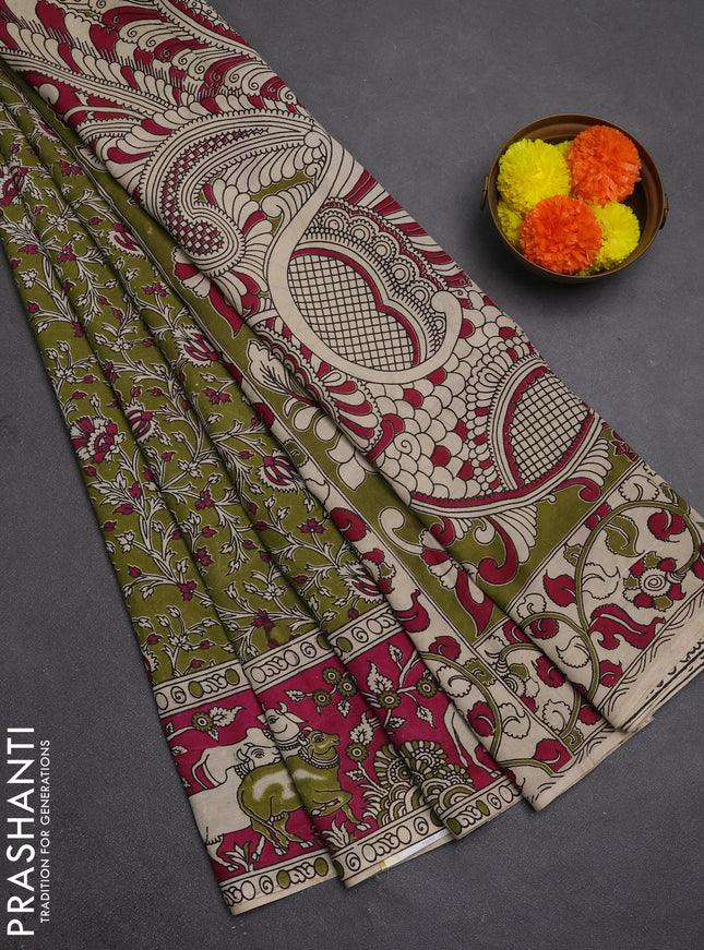 Kalamkari semi silk saree mehendi green and magenta pink with allover prints and pichwai printed border