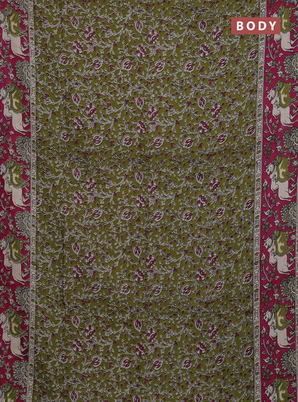 Kalamkari semi silk saree mehendi green and magenta pink with allover prints and pichwai printed border