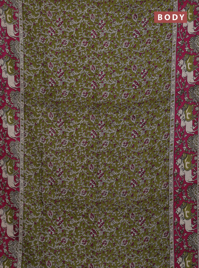 Kalamkari semi silk saree mehendi green and magenta pink with allover prints and pichwai printed border