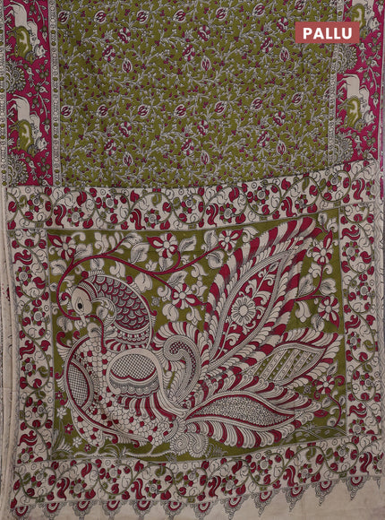 Kalamkari semi silk saree mehendi green and magenta pink with allover prints and pichwai printed border