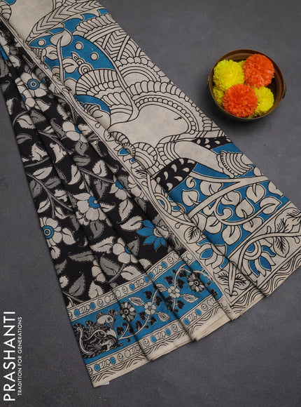 Kalamkari semi silk saree black and blue with allover prints and printed border