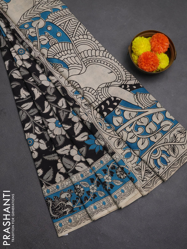 Kalamkari semi silk saree black and blue with allover prints and printed border