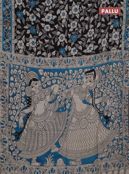 Kalamkari semi silk saree black and blue with allover prints and printed border