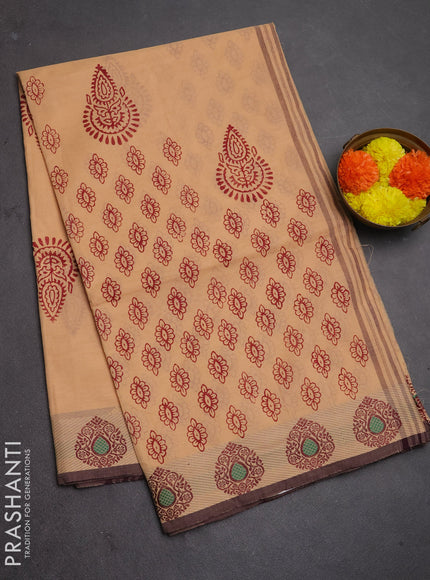 Chettinad cotton saree peach shade and deep wine with allover butta prints and thread woven border