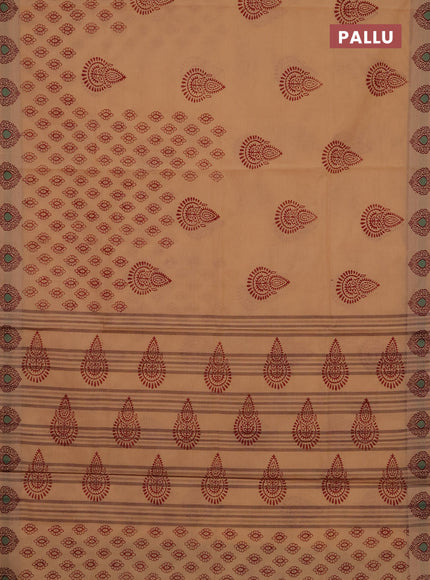 Chettinad cotton saree peach shade and deep wine with allover butta prints and thread woven border