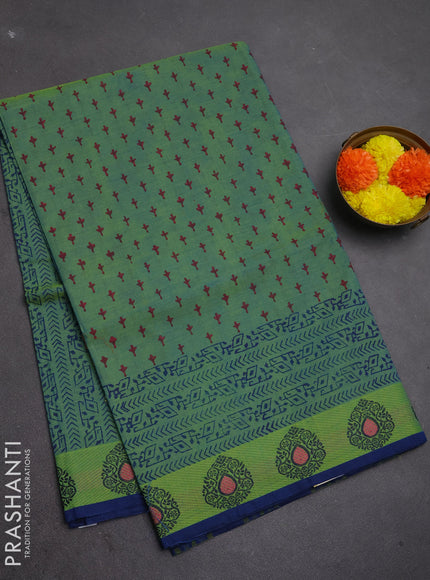 Chettinad cotton saree dual shade of bluish yellow and blue with allover butta prints and thread woven border