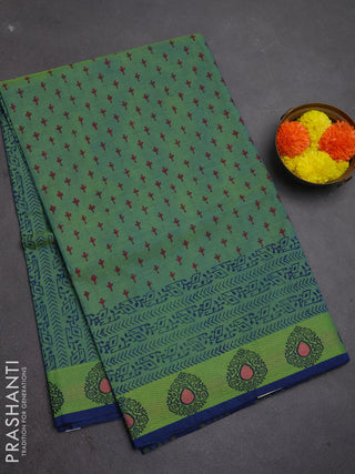 Chettinad cotton saree dual shade of bluish yellow and blue with allover butta prints and thread woven border
