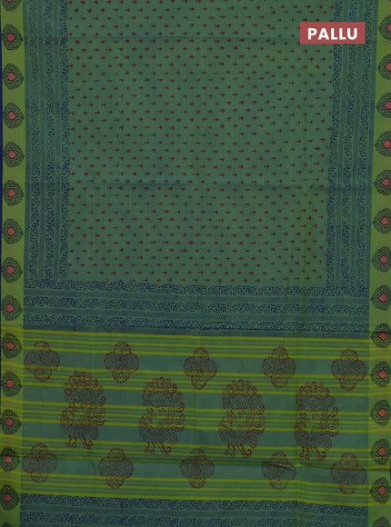 Chettinad cotton saree dual shade of bluish yellow and blue with allover butta prints and thread woven border