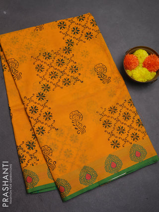 Chettinad cotton saree mango yellow and green with allover butta prints and thread woven border