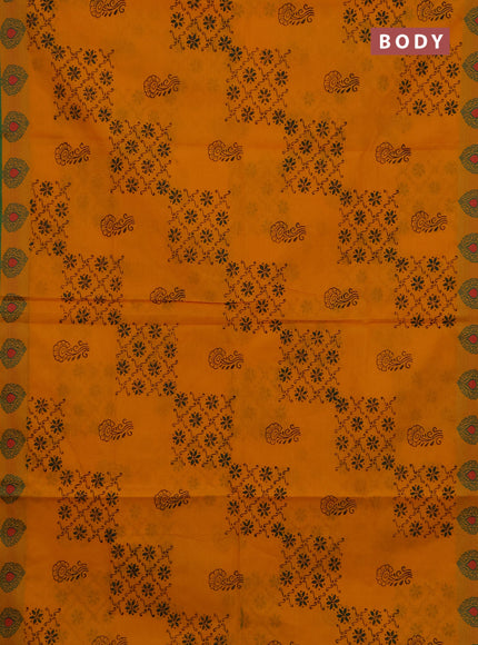 Chettinad cotton saree mango yellow and green with allover butta prints and thread woven border