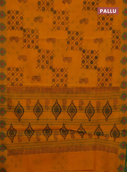 Chettinad cotton saree mango yellow and green with allover butta prints and thread woven border